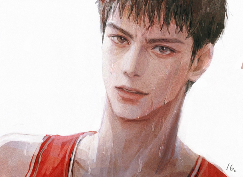 1boy brown_eyes brown_hair character_request dong2342 fangs looking_at_viewer male_focus parted_lips portrait realistic red_tank_top simple_background slam_dunk_(series) solo sweatdrop tank_top white_background