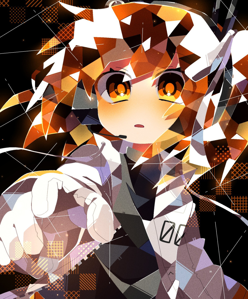 1girl a.i._voice adachi_rei black_background black_shirt blush commentary crystal_hair floating_hair glitter gloves hair_ribbon headlamp headset highres hotepuko jacket long_sleeves looking_at_viewer medium_hair microphone one_side_up open_clothes open_jacket orange_eyes orange_hair outstretched_hand parted_lips radio_antenna reaching reaching_towards_viewer ribbon shirt solo straight-on translucent_hair turtleneck upper_body utau white_gloves white_jacket white_ribbon