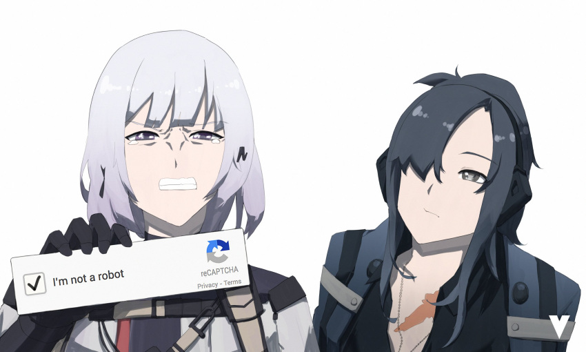 2girls angelia_(girls'_frontline) angry black_hair captcha crying crying_with_eyes_open english_text girls_frontline grey_eyes grey_hair hair_over_one_eye highres i_am_a_surgeon_(meme) long_hair meme multiple_girls parody rpk-16_(girls'_frontline) scar scar_on_chest short_hair tactical_clothes tears the_good_doctor variasii violet_eyes