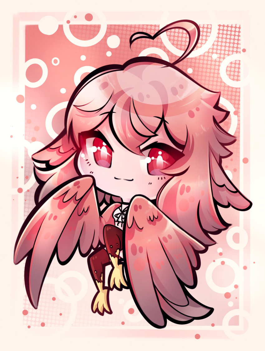 1girl absurdres ahoge animal_ears bird_ears bird_legs chibi commentary feathered_wings feathers hair_between_eyes harpy heart heart_ahoge highres iinneo long_hair looking_at_viewer monster_girl original pink_feathers pink_hair pink_wings red_eyes smile solo talons winged_arms wings