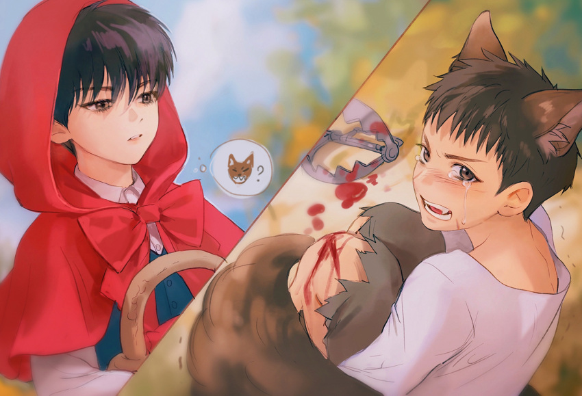 2boys ? aged_down animal_ears basket bleeding blood brown_eyes brown_hair character_request crying dong2342 fangs hair_between_eyes holding holding_basket hood hood_up injury little_red_riding_hood male_child male_focus multiple_boys red_hood slam_dunk_(series) spoken_question_mark tail wolf_boy wolf_ears wolf_tail