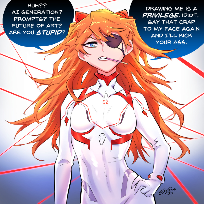 1girl ai-generated_art_(topic) blue_eyes bodysuit english_commentary english_text eyepatch food highres holding holding_food holding_pocky long_hair multicolored_bodysuit multicolored_clothes neon_genesis_evangelion orange_hair plugsuit pocky solo souryuu_asuka_langley speech_bubble strawberry_pocky sytokun