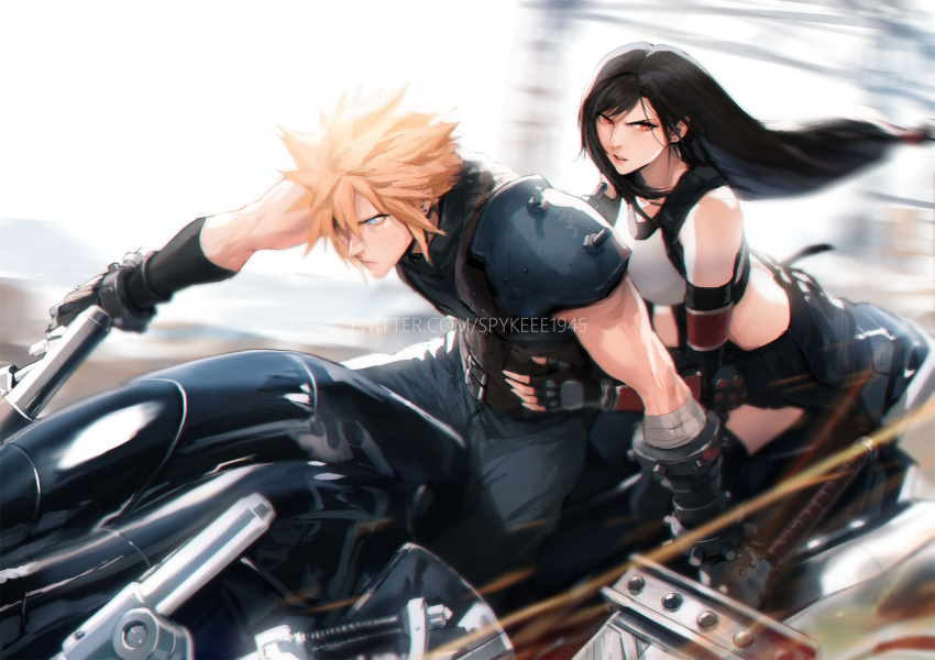 1boy 1girl arm_guards armor bare_shoulders black_gloves black_hair black_skirt black_thighhighs blonde_hair blue_eyes breasts buster_sword cloud_strife commentary crop_top elbow_gloves english_commentary final_fantasy final_fantasy_vii final_fantasy_vii_remake fingerless_gloves floating_hair gloves hands_on_another's_waist highres holding holding_sword holding_weapon huge_weapon large_breasts long_hair low-tied_long_hair motion_blur motor_vehicle motorcycle parted_lips red_eyes riding serious shoulder_armor sitting skirt spiky_hair spykeee sweater swept_bangs sword tank_top thigh-highs tifa_lockhart turtleneck turtleneck_sweater twitter_username watermark weapon white_tank_top