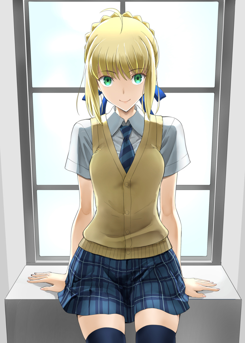 1girl ahoge artoria_pendragon_(fate) blonde_hair blush braid breasts dress fate/stay_night fate_(series) green_eyes hair_ribbon highres looking_at_viewer ribbon saber school_uniform shirotsumekusa short_hair smile solo thigh-highs