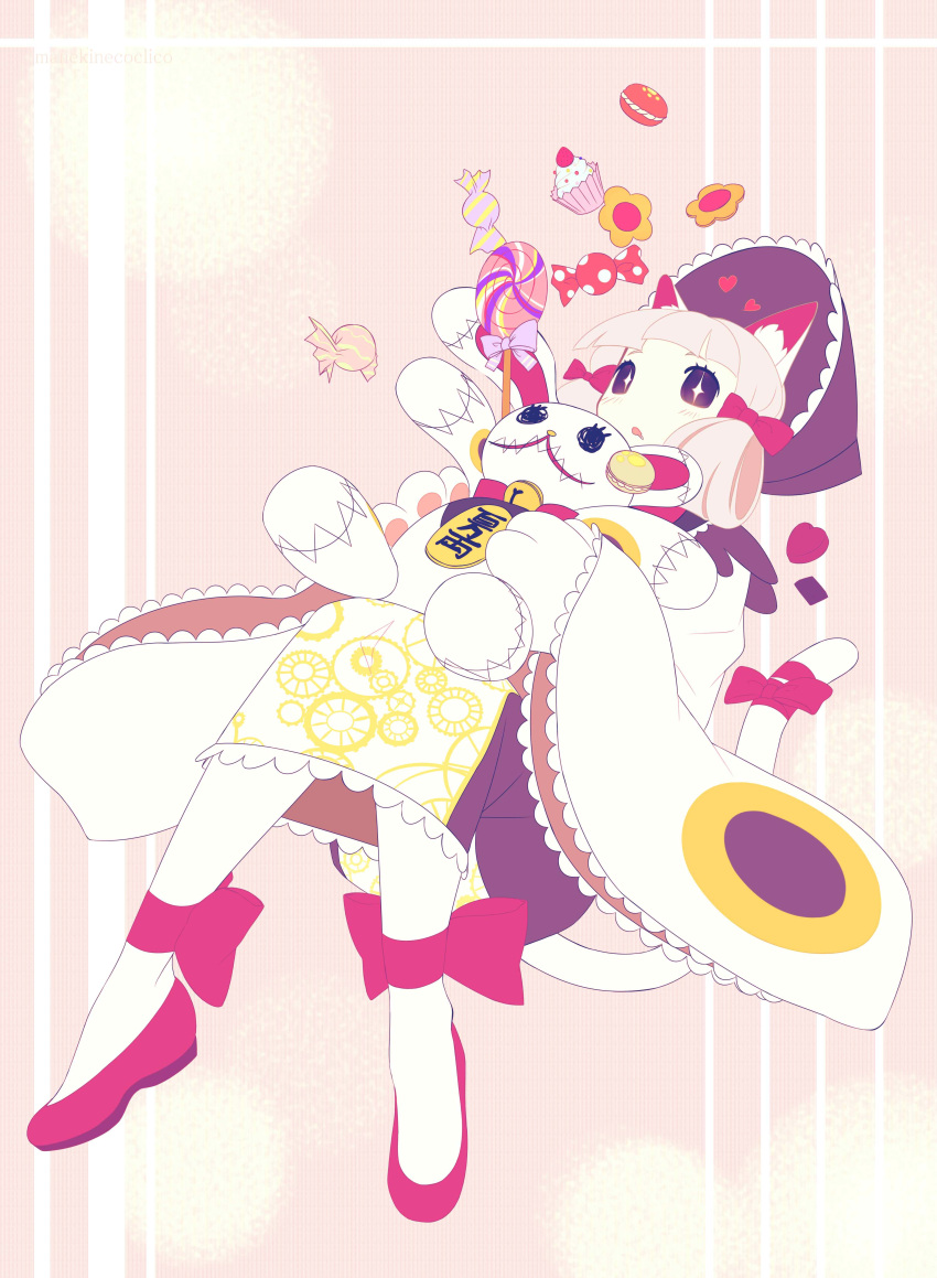 #compass 1girl absurdres animal_ear_fluff ankle_bow bonnet bow candy cookie coquelicot_blanche cupcake drooling eyelashes food frilled_bonnet hair_rings highres holding holding_stuffed_toy light_blush lollipop macaron maneki-neko mouth_drool pink_bow pink_footwear pink_hair purplevoi solo stuffed_animal stuffed_rabbit stuffed_toy swirl_lollipop tail tail_bow tail_ornament wide_sleeves wrapped_candy yume_kawaii
