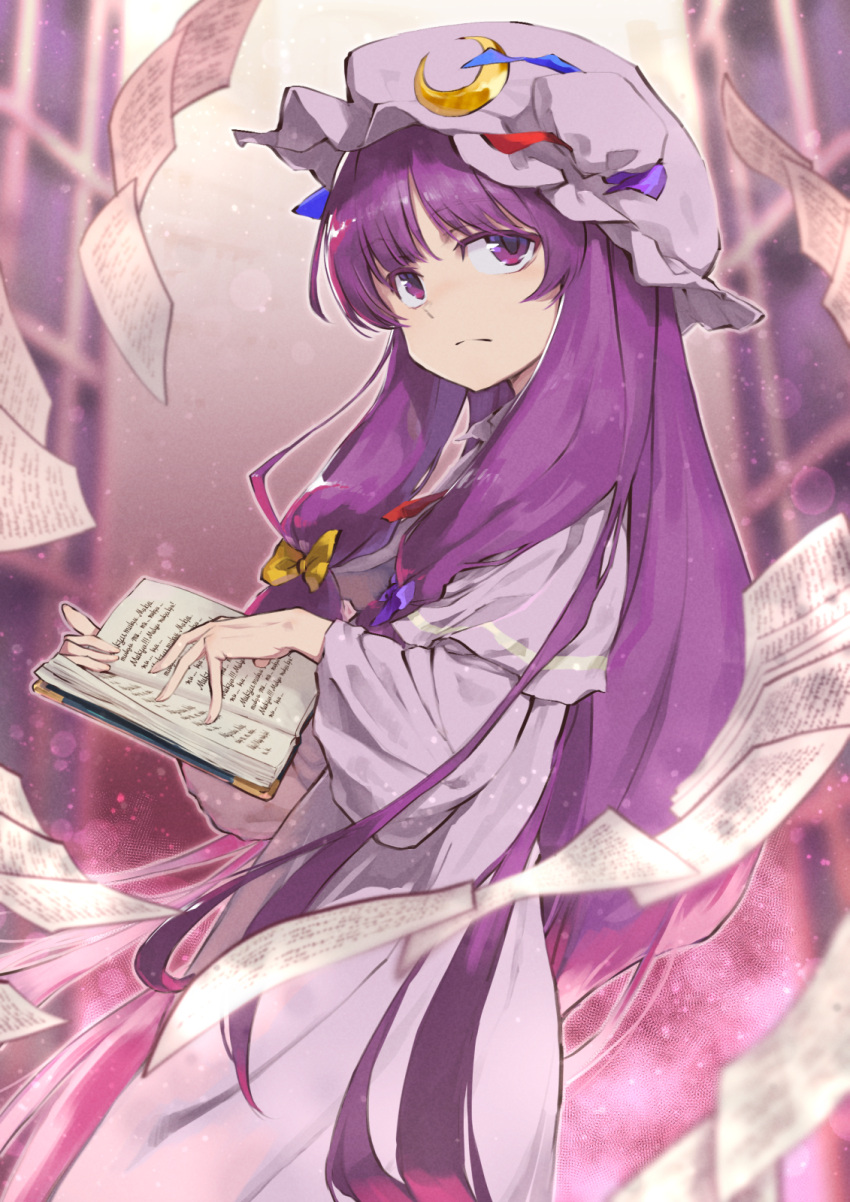 1girl blue_bow book bow closed_mouth crescent crescent_hat_ornament dress hair_bow hat hat_ornament highres long_hair long_sleeves mob_cap nekoguruma open_book paper patchouli_knowledge purple_dress purple_hair purple_headwear sidelocks solo touhou violet_eyes yellow_bow
