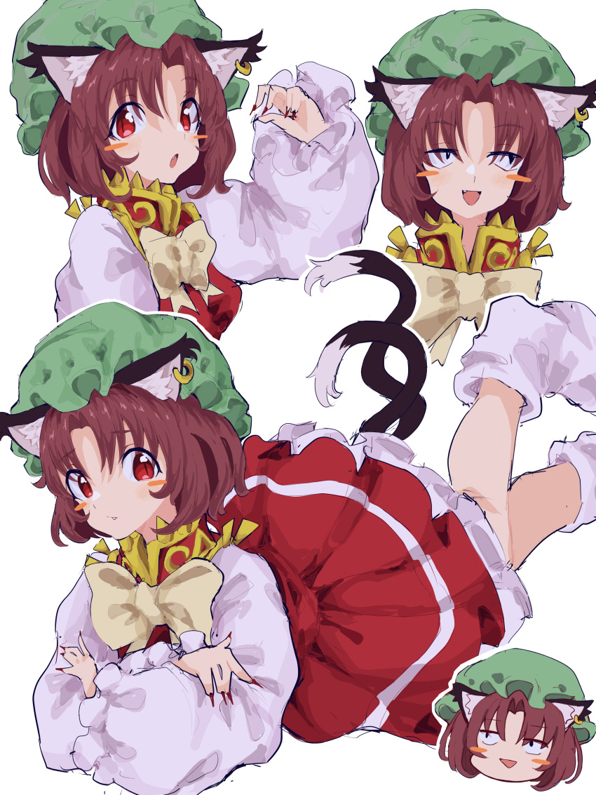 1girl absurdres animal_ears blush_stickers brown_hair cat_ears cat_tail chen closed_mouth dress earrings fang fingernails frilled_sleeves frills green_headwear hat highres jewelry long_fingernails long_sleeves mob_cap mugi_(mugimugi_9kv) multiple_tails multiple_views nail_polish open_mouth red_dress red_eyes red_nails sharp_fingernails short_hair simple_background single_earring socks tail touhou two_tails white_background white_socks wide_sleeves