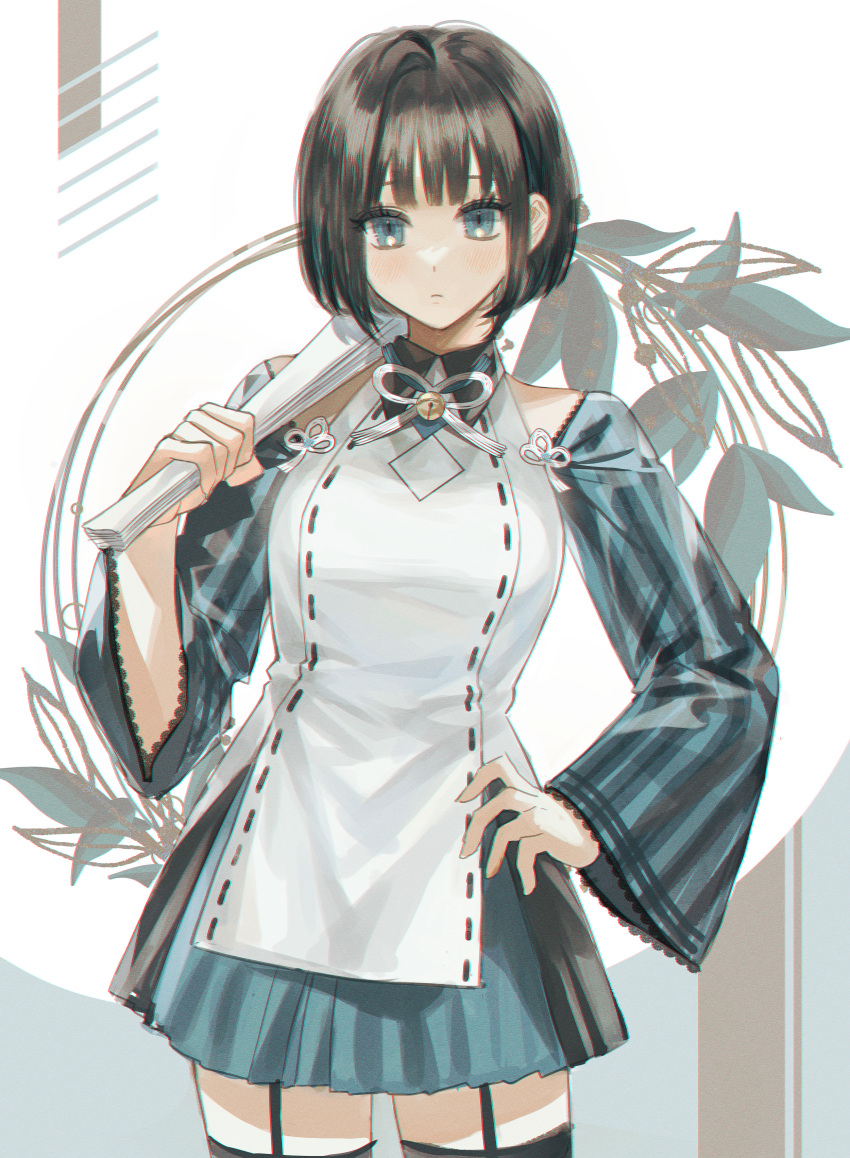 1girl absurdres bare_shoulders bell black_hair black_skirt black_thighhighs blue_eyes blue_skirt blue_sleeves blush bob_cut closed_mouth collared_shirt cowboy_shot detached_sleeves expressionless garter_straps hand_fan hand_on_own_hip highres holding holding_fan long_bangs long_sleeves looking_at_viewer ma_yoyo miniskirt neck_bell neck_ribbon original pleated_skirt ribbon shirt short_hair side_slit simple_background skirt sleeveless sleeveless_shirt slit_pupils solo stitches straight-on striped_sleeves thigh-highs thighs two-tone_skirt white_background white_ribbon wide_sleeves
