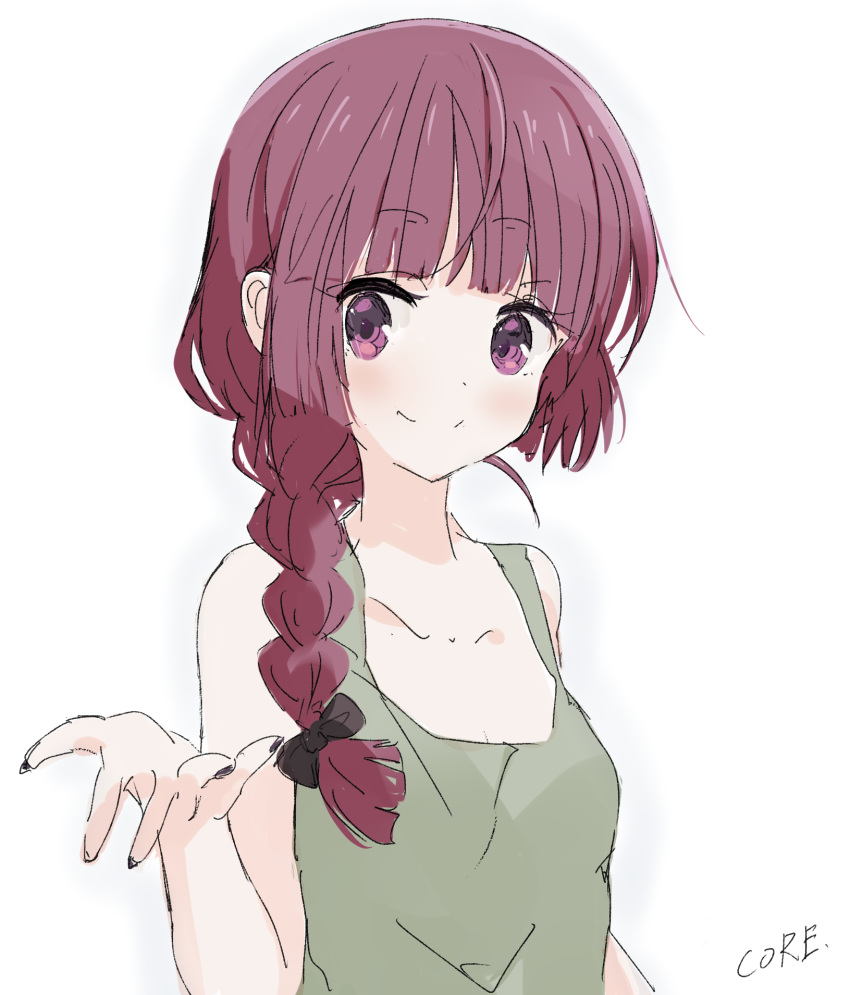 1girl arm_at_side bare_shoulders black_bow black_nails blunt_bangs blush bocchi_the_rock! bow braid braided_ponytail breasts closed_mouth collarbone core_(mayomayo) dot_nose green_tank_top hair_bow highres hiroi_kikuri long_hair looking_at_viewer nail_polish open_hand purple_hair shirt sidelocks signature simple_background sleeveless sleeveless_shirt small_breasts smile solo tank_top upper_body violet_eyes white_background