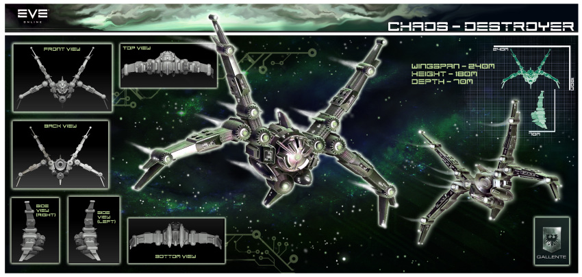 3d chermilla commentary concept_art destroyer_(eve_online) english_text eve_online flying gallente_federation_(eve_online) glowing green_theme highres military military_vehicle multiple_views nebula no_humans original reference_sheet science_fiction sky space spacecraft star_(sky) starry_sky thrusters vehicle_focus