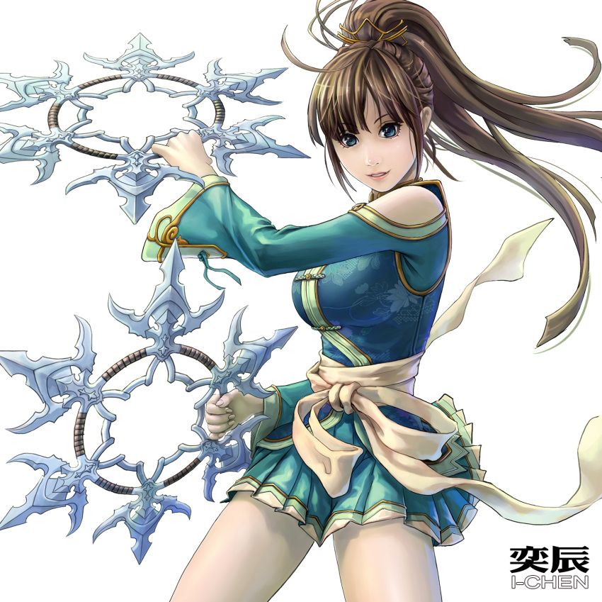 1girl blue_eyes brown_hair chakram chinese_clothes dual_wielding eat0123 highres holding holding_weapon original ponytail simple_background skirt solo weapon white_background
