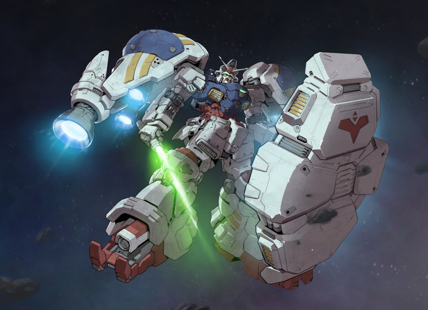 absurdres asteroid beam_saber green_eyes gundam gundam_0083 gundam_gp-02_physalis highres holding holding_shield holding_sword holding_weapon making-of_available mecha mobile_suit no_humans robot science_fiction shield solo space star_(sky) sword thrusters v-fin weapon zakuma