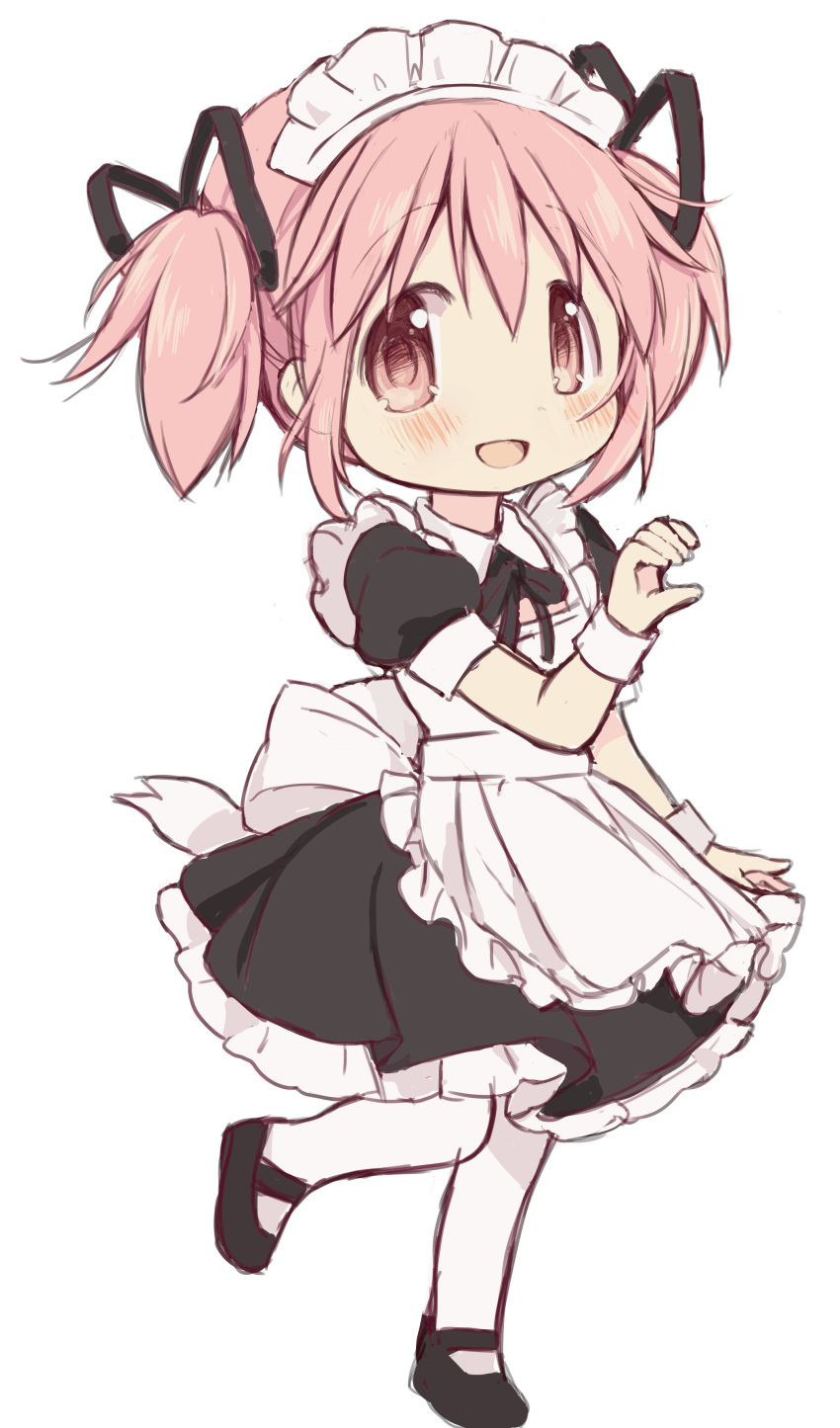 1girl :d absurdres black_socks commentary_request full_body heart_hands_invitation highres hitode kaname_madoka looking_at_viewer mahou_shoujo_madoka_magica maid maid_headdress open_mouth pink_eyes pink_hair short_hair short_sleeves short_twintails simple_background smile socks solo standing standing_on_one_leg twintails white_background wrist_cuffs