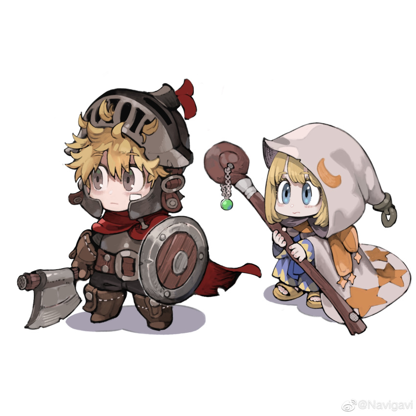 1boy 1girl absurdres armor axe belt black_pants blonde_hair blue_dress blue_eyes boots breastplate brown_belt brown_eyes brown_footwear brown_gloves cape chain chibi cloak closed_mouth commentary crescent crescent_print dress english_commentary full_body gem gloves green_gemstone grey_cloak helmet highres holding holding_axe holding_shield holding_staff hood hood_up hooded_cloak jun_(seojh1029) looking_afar original pants print_robe red_cape sandals scarf shield simple_background staff star_(symbol) star_print visor_(armor) visor_lift weibo_username white_background yellow_footwear yellow_scarf