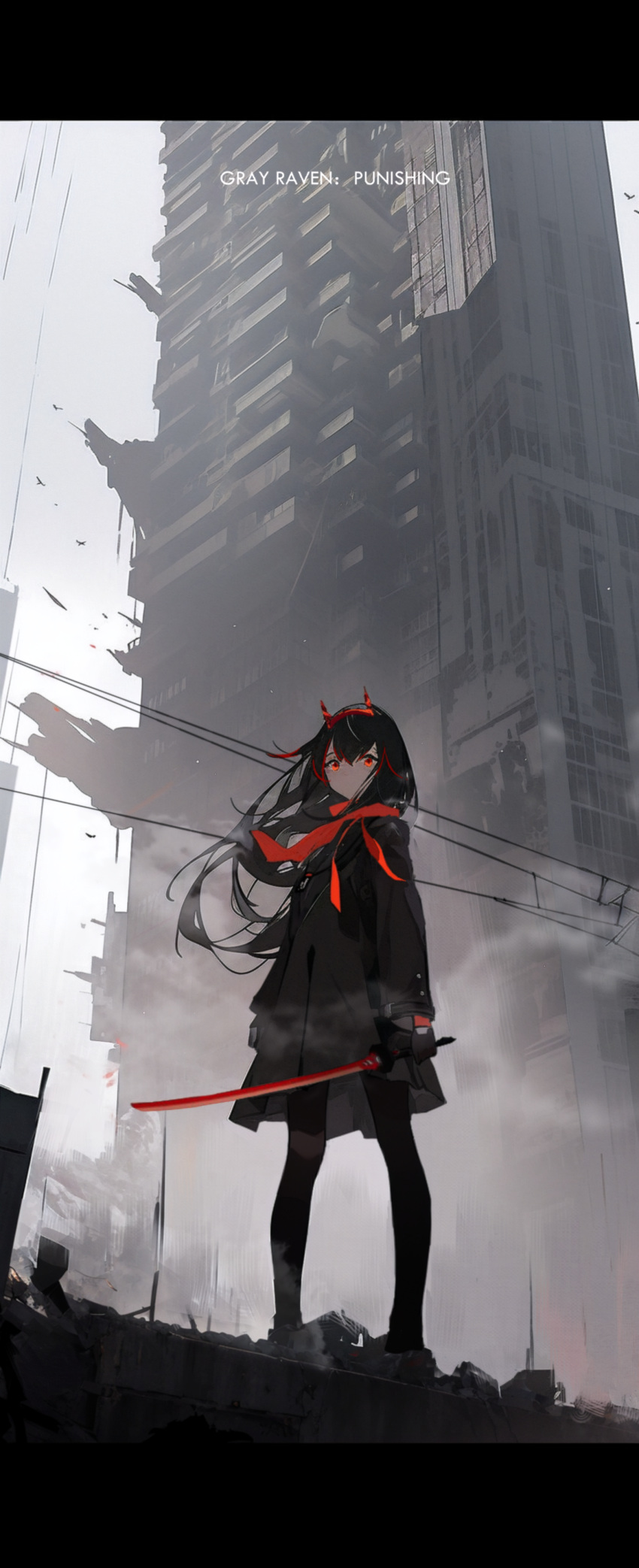 1girl absurdres black_gloves black_hair black_jacket black_skirt building chinese_commentary commentary_request copyright_name gloves grey_sky highres holding holding_sword holding_weapon jacket katana long_sleeves looking_at_viewer lucia:_lotus_(punishing:_gray_raven) multicolored_hair nido_(sebamaster) punishing:_gray_raven red_scarf redhead scarf scenery skirt sky solo standing sword two-tone_hair weapon