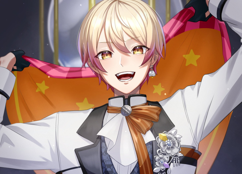 1boy black_gloves blonde_hair commentary earrings flag flower gloves gradient_hair high_collar highres holding holding_flag jewelry lapels long_sleeves looking_at_viewer multicolored_hair notched_lapels open_mouth orange_hair pink_hair project_sekai short_hair single_earring solo star_(symbol) teeth tenma_tsukasa upper_body yk62