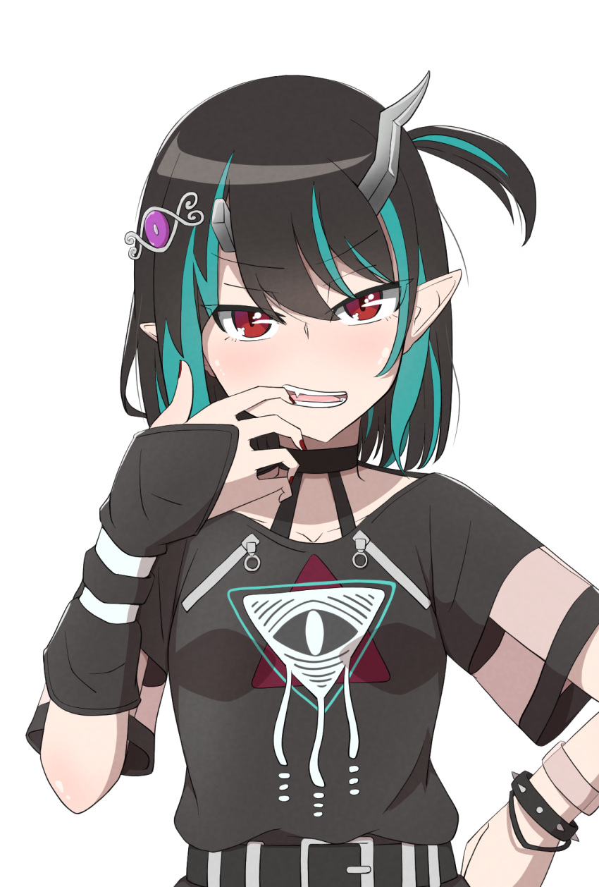 1girl belt black_belt black_dress black_hair blue_hair breasts commentary_request demon_girl demon_horns dress eye_hair_ornament eye_of_providence fingernails hair_between_eyes highres horns kusha_(madoukusya12) looking_at_viewer medium_bangs mouth_pull multicolored_hair nanashi_inc. official_alternate_costume one_side_up open_mouth pointy_ears red_eyes red_nails shishio_chris shishio_chris_(3rd_costume) short_hair short_sleeves simple_background small_breasts solo teeth two-tone_hair upper_body virtual_youtuber white_background wristband zipper