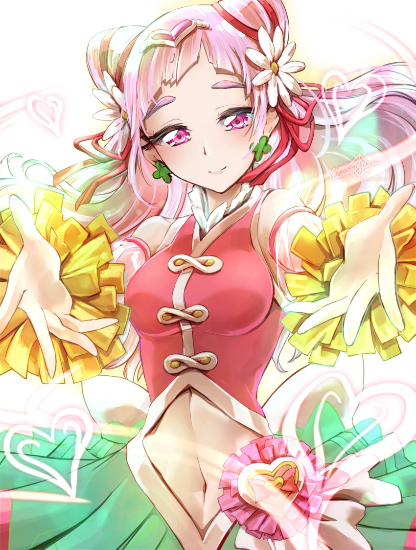 1girl back_bow bow breasts clear_glass_(mildmild1311) clover_earrings cone_hair_bun cure_yell flower four-leaf_clover_earrings hair_bun hair_flower hair_ornament heart heart_hair_ornament heart_pouch highres hugtto!_precure layered_skirt long_hair looking_at_viewer magical_girl medium_breasts navel nono_hana pink_eyes pink_hair pink_shirt pink_skirt pom_pom_(cheerleading) precure shirt short_bangs skirt smile solo thick_eyelashes upper_body waist_brooch