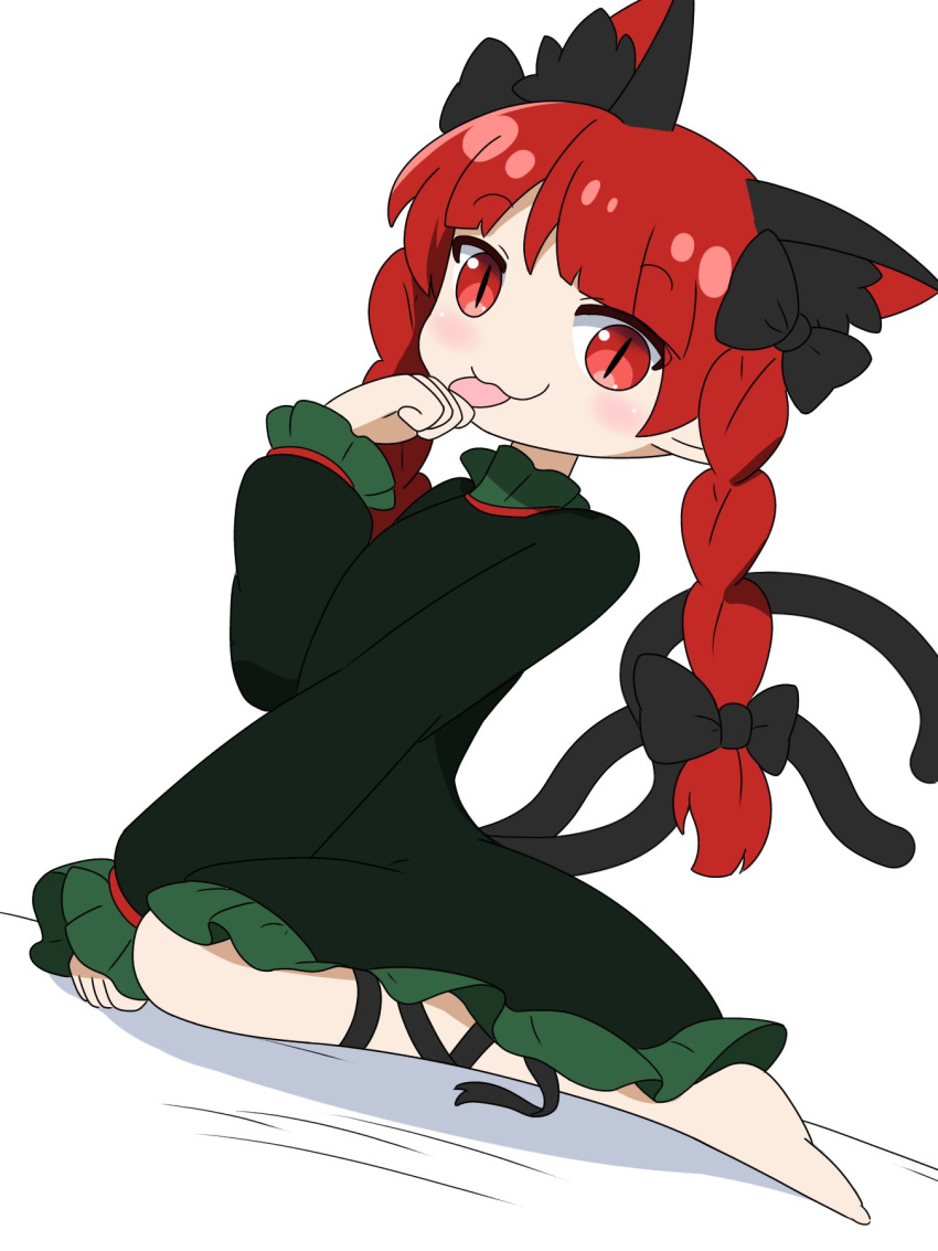 1girl :3 :p animal_ear_fluff animal_ears barefoot between_legs black_bow black_ribbon blunt_bangs bow braid cat_ears cat_tail commentary_request dress extra_ears full_body green_dress hair_bow hair_ribbon hand_between_legs hand_up highres kaenbyou_rin leg_ribbon licking licking_hand light_blush long_hair long_sleeves multiple_tails nekomata paw_pose red_eyes redhead ribbon rizleting simple_background slit_pupils solo tail tongue tongue_out touhou tress_ribbon twin_braids two_tails very_long_hair white_background