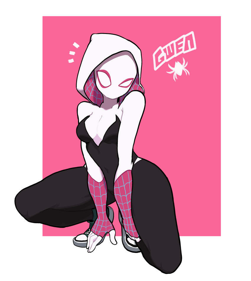 1girl absurdres animal_print black_bodysuit bodysuit breasts character_name covered_navel highres hood hooded_bodysuit looking_at_viewer marvel mask min_lona pink_background pink_bodysuit shoes solo spider-gwen spider-man_(series) spider_print spider_web_print squatting superhero two-sided_hood white_background white_bodysuit