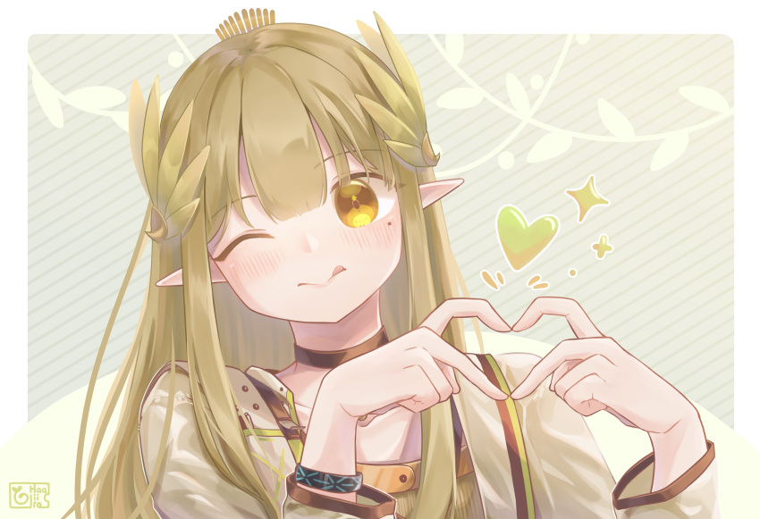 1girl absurdres arknights bracelet brown_hair closed_mouth coat haaiiro hair_ornament heart heart_hands highres jewelry long_hair long_sleeves looking_at_viewer mole mole_under_eye muelsyse_(arknights) one_eye_closed pointy_ears sidelocks smile solo tongue tongue_out yellow_eyes