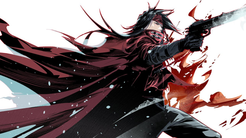 1boy black_gloves black_hair black_pants black_shirt cape cloak cofffee covered_mouth fighting_stance final_fantasy final_fantasy_vii gloves gun handgun headband holding holding_gun holding_weapon long_hair looking_to_the_side male_focus pants red_cape red_cloak red_eyes red_headband shirt solo torn_cape torn_clothes vincent_valentine weapon white_background