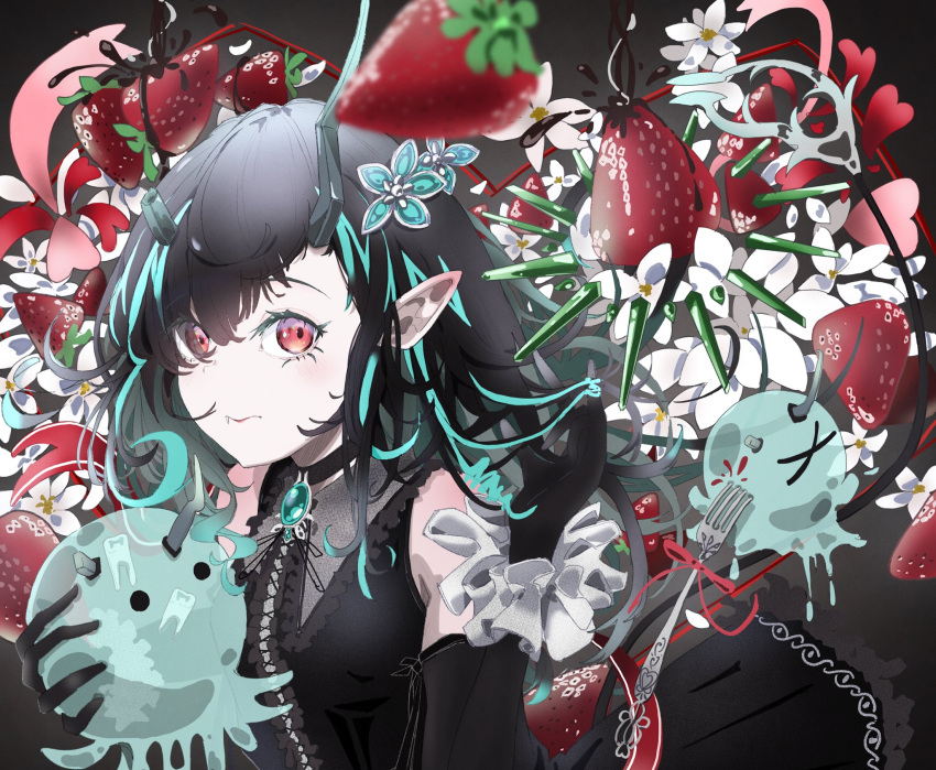 &gt;_&lt; 1girl alternate_costume black_dress black_gloves black_hair blue_brooch blue_flower blue_gemstone blue_hair blush breasts center_frills chocolate closed_mouth collared_dress commentary cowboy_shot demon_girl demon_horns demon_tail dress elbow_gloves eyes_visible_through_hair fang fang_out flower food fork frilled_shirt_collar frills fruit gem gloves grey_background hair_between_eyes hair_flower hair_ornament ham-bird heart highres horns long_bangs long_hair looking_at_viewer multicolored_hair nanashi_inc. pointy_ears red_eyes shishio_chris small_breasts solo strawberry sugar_lyric tail two-tone_hair virtual_youtuber white_flower