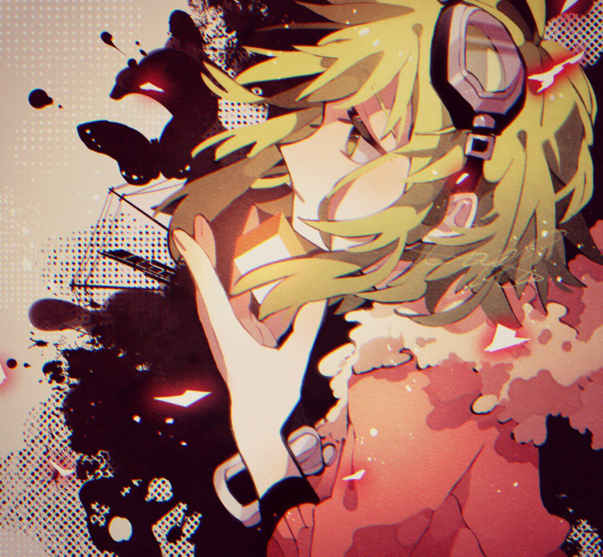 1girl bad_id closed_mouth cube from_side fur_trim goggles goggles_on_head green_eyes green_hair gumi halftone highres hood hood_down hoodie inactive_account inkblot jacket jinsei_reset_button_(vocaloid) looking_up ruri-animal0426 short_hair sidelocks signature solo two-tone_background vocaloid