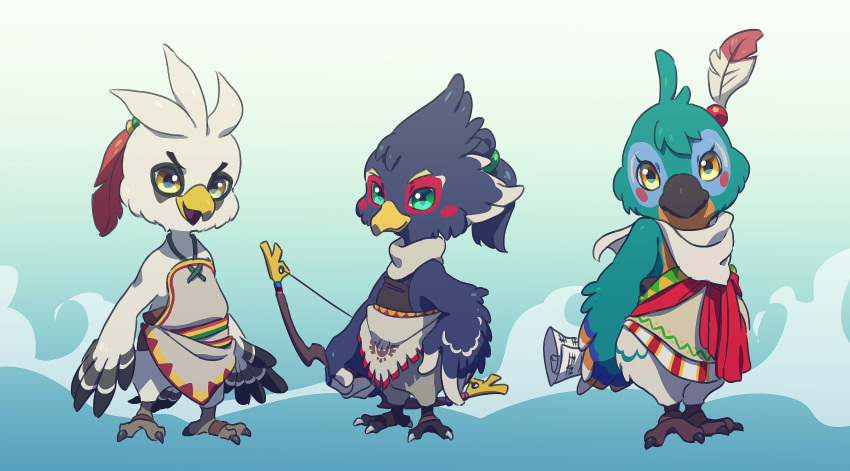 3boys absurdres aged_down animal_feet arms_at_sides arms_behind_back bandana bare_shoulders beak bird_boy bird_legs bird_tail black_fur blue_background blue_fur blue_hair blush_stickers body_fur bow_(weapon) claws closed_mouth commentary_request feather_hair_ornament feathers full_body furry furry_male gradient_background green_eyes grey_fur grey_shirt hair_ornament hand_on_own_hip highres holding holding_bow_(weapon) holding_paper holding_weapon kass legs_together looking_at_viewer male_child male_focus multicolored_fur multiple_boys open_mouth paper partial_commentary ponytail red_feathers revali rito scroll sheet_music shirt short_hair simple_background smile standing tail teba_(zelda) the_legend_of_zelda the_legend_of_zelda:_breath_of_the_wild ukata v-shaped_eyebrows weapon white_bandana white_fur winged_arms wings yellow_eyes yellow_fur
