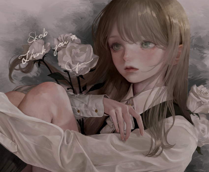 12yun30 1girl brown_hair closed_mouth collared_shirt flower green_eyes highres knees_up lipgloss long_sleeves looking_to_the_side maid original realistic rose shirt solo sweater_vest thank_you upper_body victorian white_flower white_rose white_shirt