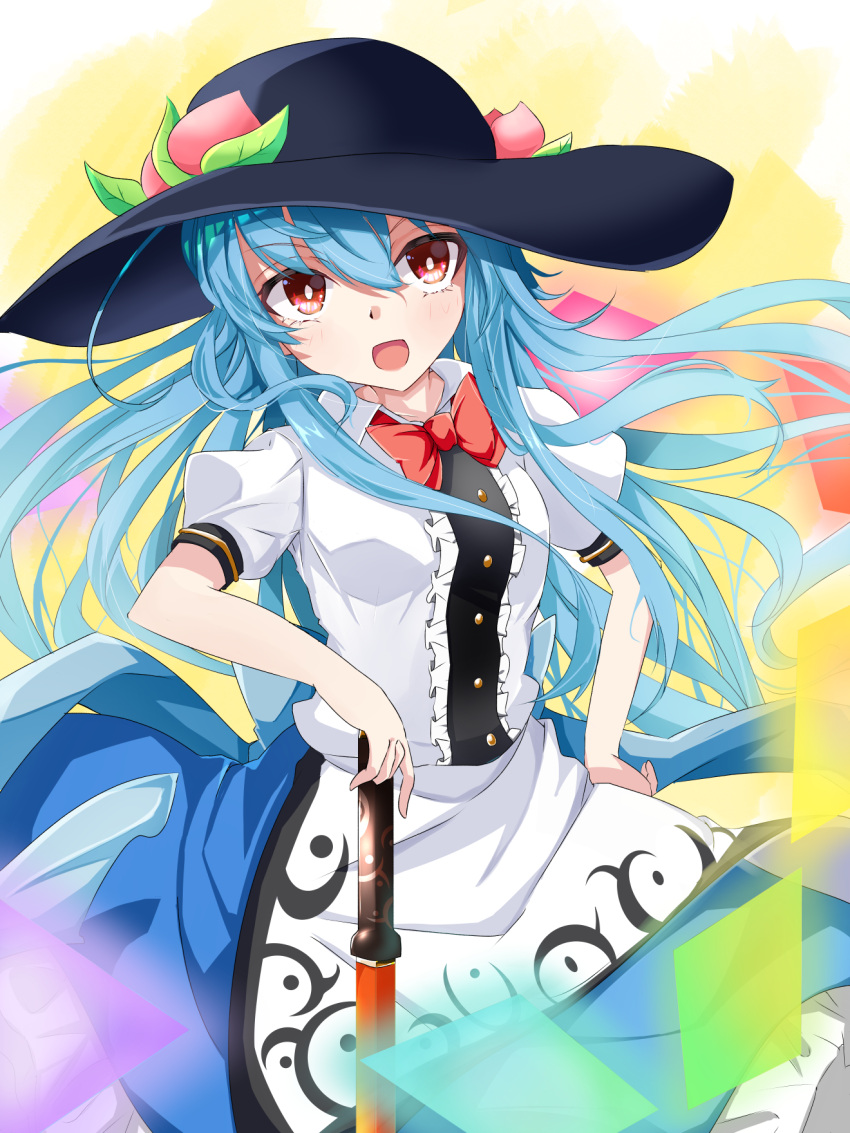 1girl ashigaruk black_headwear blue_hair blue_skirt bow bowtie center_frills collared_shirt commentary_request food frills fruit hand_on_hilt highres hinanawi_tenshi leaf long_hair looking_at_viewer panties peach rainbow_order red_bow red_bowtie red_eyes shirt short_sleeves skirt solo sword sword_of_hisou touhou underwear weapon white_panties white_shirt yellow_background