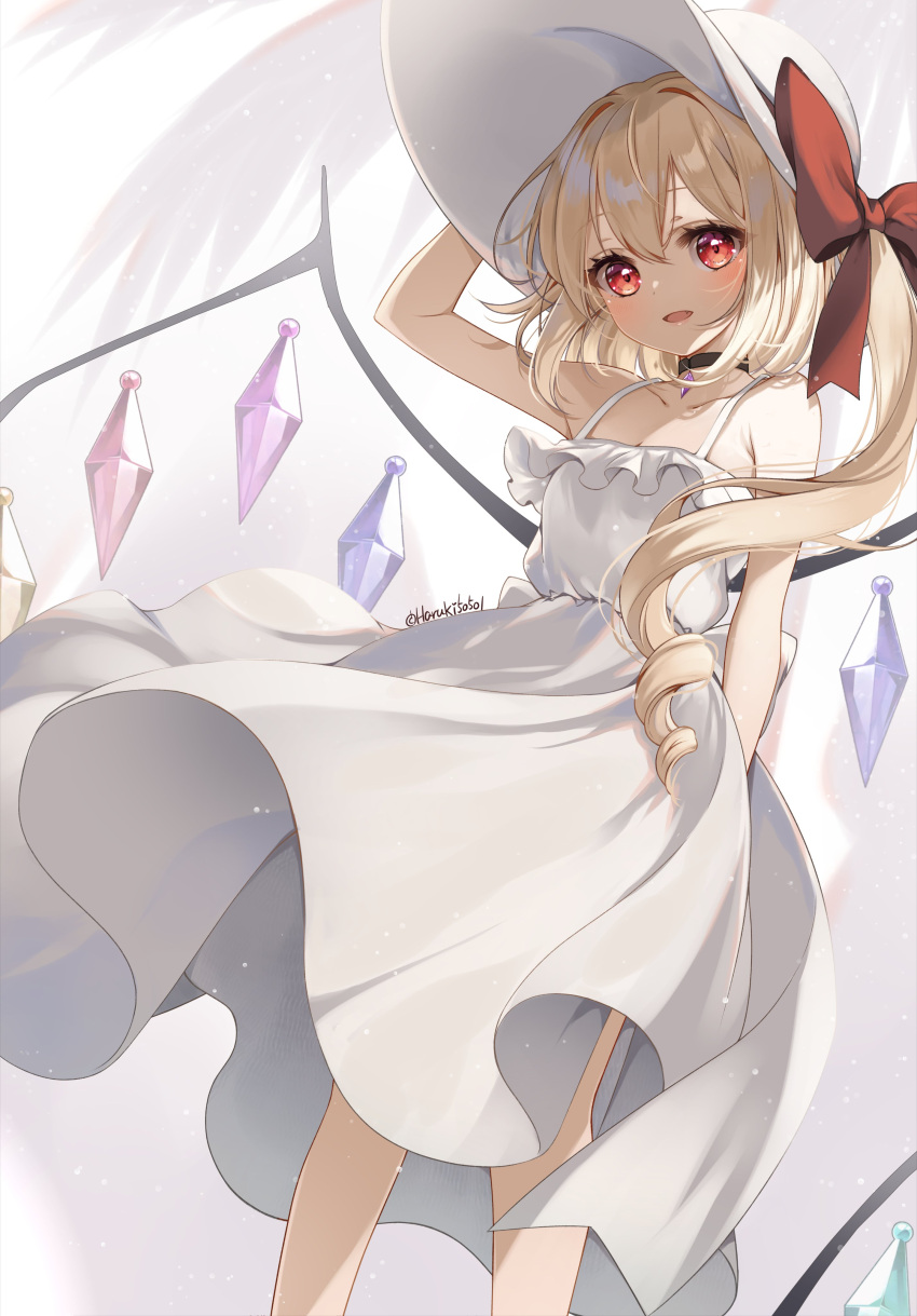 1girl absurdres alternate_costume arm_up artist_name black_choker blonde_hair bow choker commentary_request crystal dress drill_ponytail fang feet_out_of_frame flandre_scarlet hair_bow haruki_(colorful_macaron) hat highres long_hair looking_at_viewer open_mouth red_bow red_eyes side_ponytail sleeveless sleeveless_dress smile solo touhou twitter_username white_dress white_headwear wings