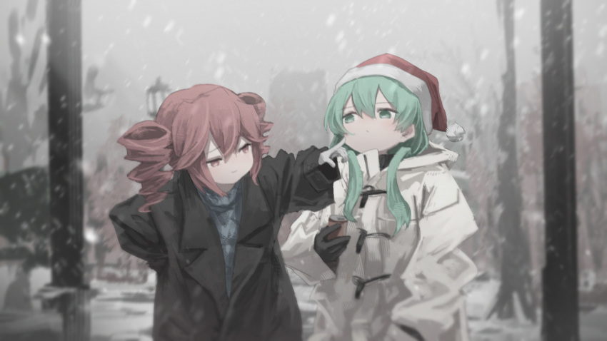 2girls :/ alternate_costume alternate_hairstyle aqua_eyes aqua_hair black_coat black_gloves blue_sweater blurry blurry_background can cheek_poking closed_mouth coat commentary_request day drill_hair eye_contact gloves hair_over_shoulder half-closed_eyes hand_in_pocket hat hatsune_miku highres holding holding_can jacket kasane_teto lamppost leaning_forward long_hair long_sleeves looking_at_another looking_to_the_side low_twintails multiple_girls no_pupils outdoors overcast pan_(ryu) poking red_eyes redhead santa_hat sky smirk snowing sweater turtleneck turtleneck_sweater twin_drills twintails upper_body utau vocaloid white_gloves white_jacket