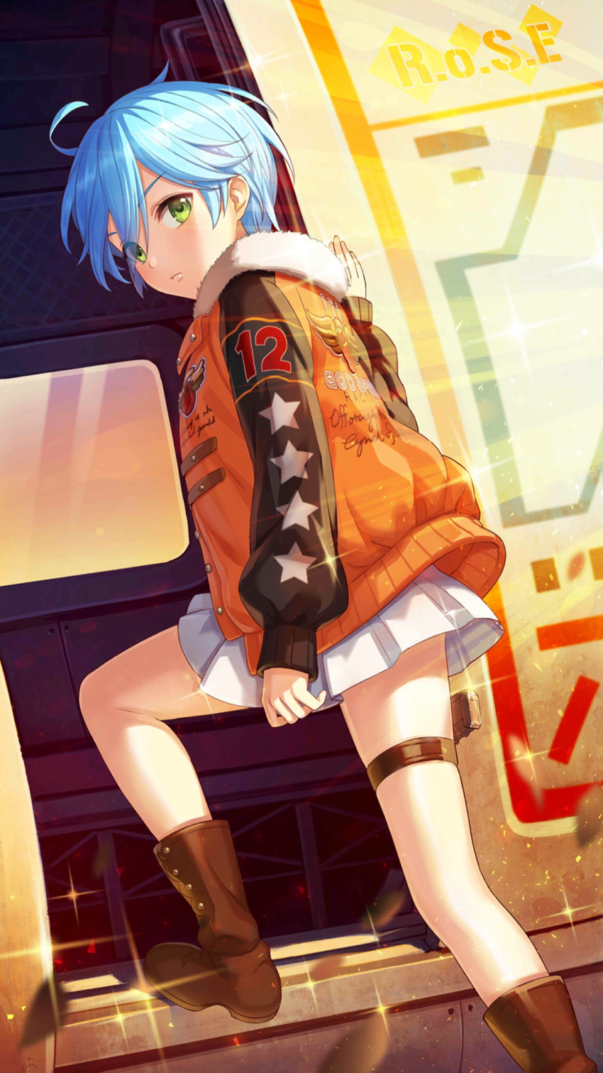 1girl ankle_boots blue_hair boots brown_footwear cornelia_(girl_cafe_gun) dutch_angle expressionless foot_out_of_frame from_side fur-trimmed_jacket fur_trim girl_cafe_gun green_eyes hand_up highres jacket looking_to_the_side miniskirt official_art open_door orange_jacket pleated_skirt short_hair sidelighting skirt solo sparkle star_(symbol) star_print stepping sunlight text_print thigh_pouch thigh_strap white_skirt window