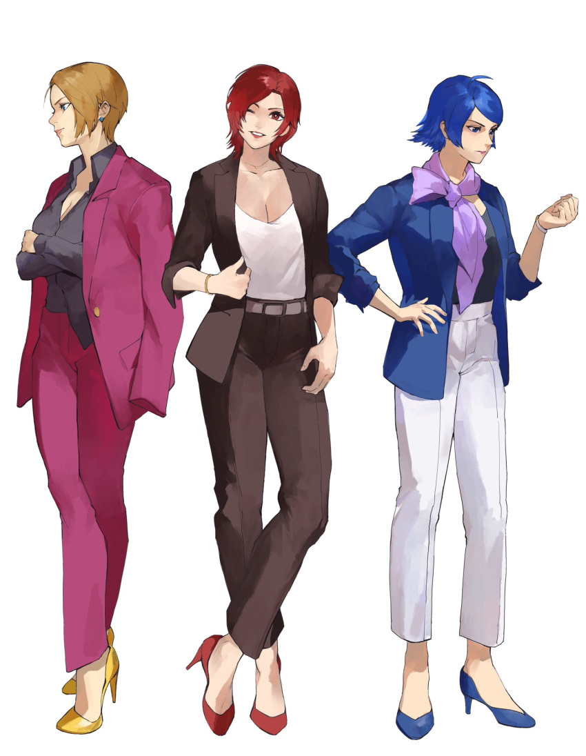 3girls alternate_costume blonde_hair blue_hair bracelet breasts earrings elisabeth_blanctorche formal highres jacket jacket_on_shoulders jewelry king_(snk) large_breasts lips lipstick looking_at_viewer makeup mature_female multiple_girls oni_gini open_clothes open_jacket pants red_eyes redhead shirt short_hair smile the_king_of_fighters vanessa_(kof)