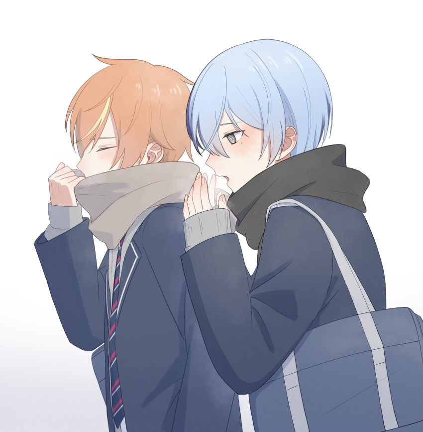 2boys adjusting_scarf aoyagi_touya bag blonde_hair blue_hair closed_eyes commentary_request fingernails gradient_background grey_eyes highres jacket long_sleeves male_focus mole mole_under_eye multicolored_hair multiple_boys necktie open_clothes open_jacket open_mouth orange_hair project_sekai scarf school_bag shinonome_akito short_hair shoulder_bag sleeves_past_wrists streaked_hair striped_necktie upper_body yk62