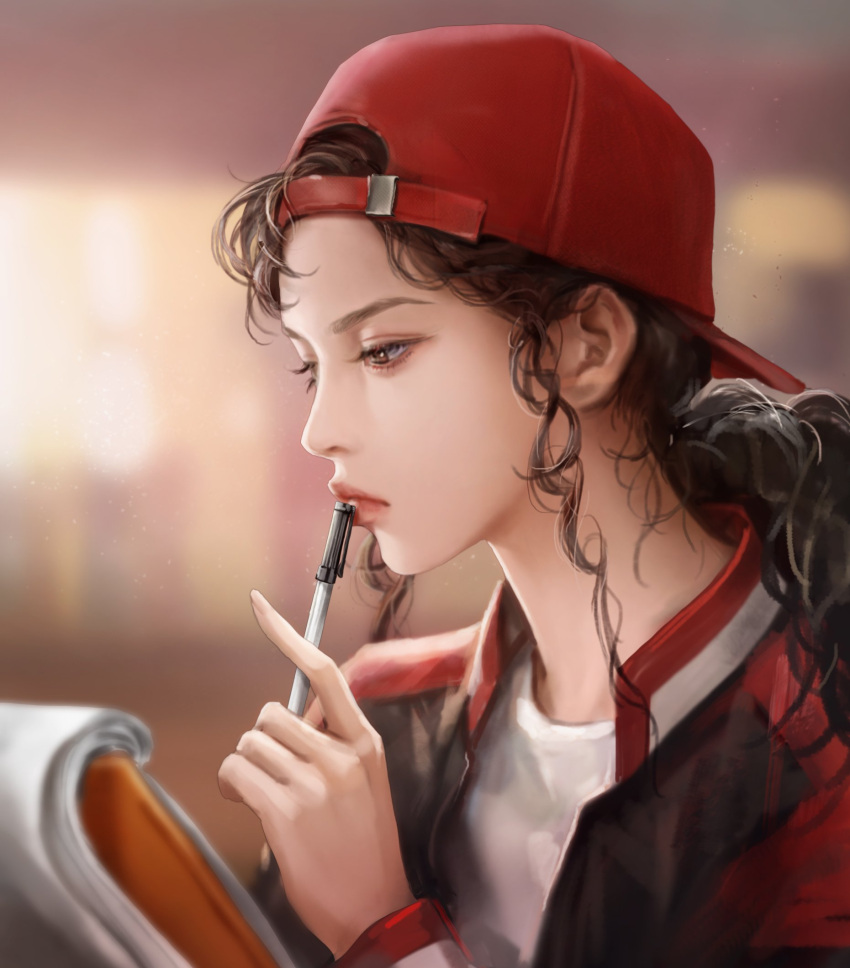 1girl blurry blurry_background brown_hair character_request curly_hair dong2342 highres holding holding_notepad jacket lipgloss notepad open_clothes open_jacket pen_to_mouth ponytail portrait realistic red_headwear red_jacket shirt slam_dunk_(series) solo thinking white_shirt