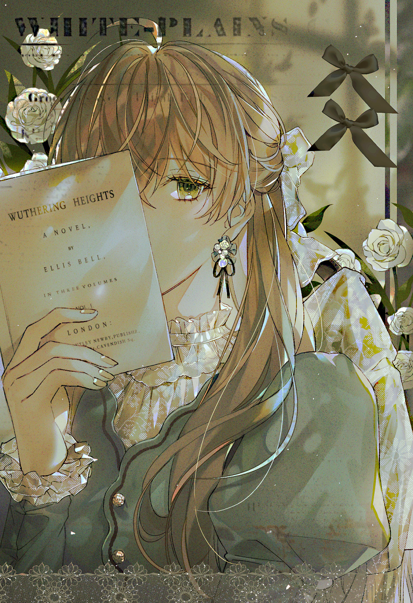 1girl ahoge blue_shirt blush book brown_hair buttons covering_face earrings flower frilled_shirt frills green_eyes hair_between_eyes half_updo high_collar highres holding holding_book indoors jewelry juliet_sleeves lace_background layered_clothes long_hair long_sleeves looking_at_viewer ma_yoyo original plant puffy_sleeves raised_eyebrows shadow shirt sidelocks solo straight_hair white_flower white_shirt