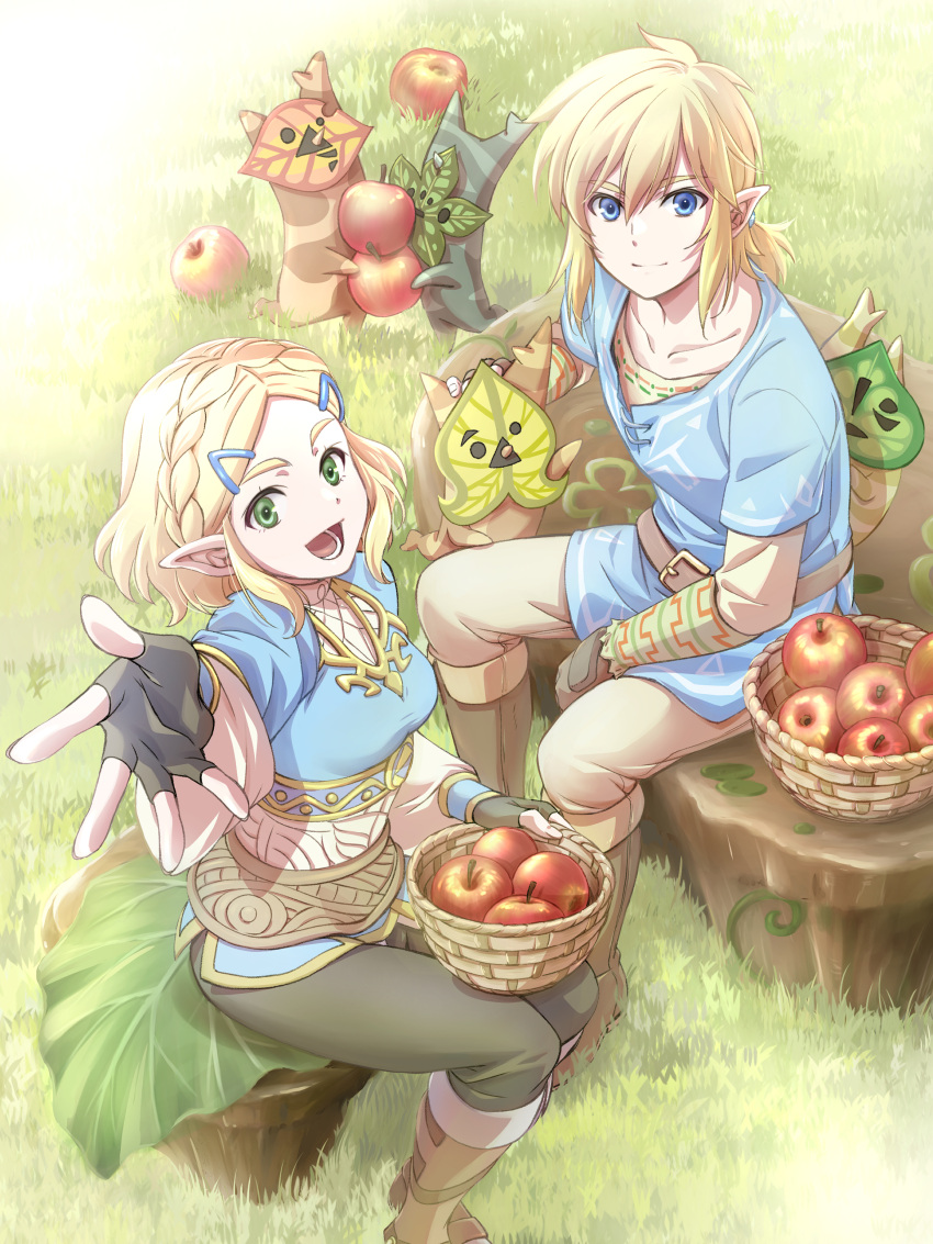 1boy 1girl :d absurdres apple black_gloves black_pants blonde_hair blue_eyes blue_tunic braid brown_pants closed_mouth commentary_request crown_braid fingerless_gloves food fruit fruit_basket gloves green_eyes hair_between_eyes hair_ornament hairclip headpat highres korok link looking_at_viewer outdoors outstretched_arm pants pointy_ears princess_zelda reaching reaching_towards_viewer short_hair short_ponytail sitting smile the_legend_of_zelda the_legend_of_zelda:_tears_of_the_kingdom tomo.puri