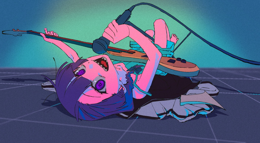 1girl :d bass_guitar black_bow blunt_bangs bocchi_the_rock! bow braid commentary_request full_body hair_bow hair_over_shoulder highres hiroi_kikuri holding holding_instrument instrument jacket long_hair looking_at_viewer lying microphone on_back open_mouth purple_hair ringed_eyes sharp_teeth single_braid smile solo spaghetti_strap teeth terayama_(terra_yama_8383) upside-down violet_eyes