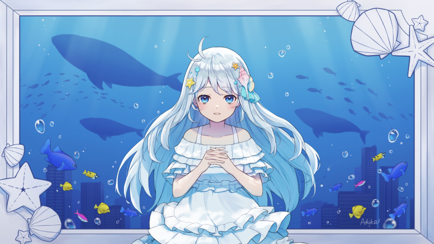 1girl ahoge air_bubble ashika_(yftcc948) bare_shoulders blue_eyes blush bubble building city collarbone conch cowboy_shot dress fish frilled_dress frills grey_hair hair_between_eyes highres light_rays long_hair looking_at_viewer off-shoulder_dress off_shoulder original outside_border own_hands_clasped own_hands_together parted_lips picture_frame school_of_fish seashell shell shell_hair_ornament sidelocks signature solo starfish straight-on submerged teeth underwater whale white_dress