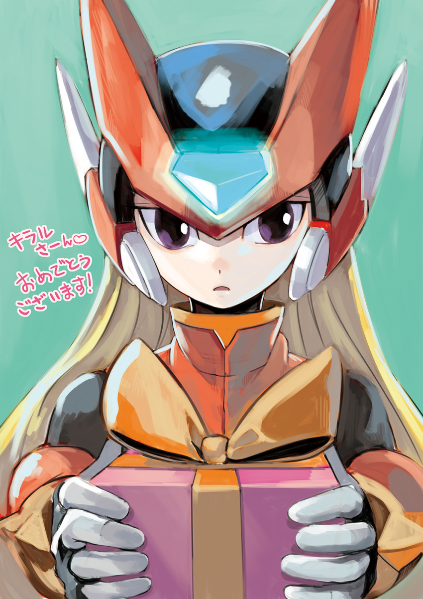 1boy android blonde_hair commentary_request gift helmet highres holding holding_gift long_hair looking_at_viewer male_focus mega_man_(series) mega_man_zero_(series) sumomo upper_body violet_eyes zero_(mega_man)