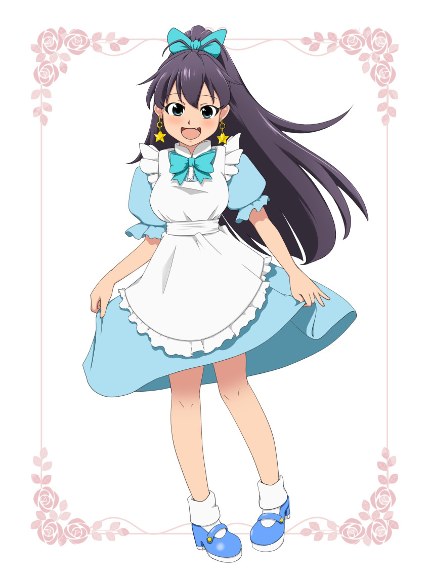 1girl antenna_hair apron black_hair blue_bow blue_bowtie blue_dress blue_eyes blue_ribbon blush bow bowtie breasts dress earrings fang frilled_apron frills full_body ganaha_hibiki hair_bow hair_ribbon highres idolmaster idolmaster_(classic) idolmaster_million_live! idolmaster_million_live!_theater_days jewelry long_hair looking_at_viewer mary_janes medium_breasts open_mouth pigeon-toed ponytail ribbon shoes short_sleeves skirt_hold smile socks solo standing star_(symbol) star_earrings the_end_of_chun waist_bow white_apron white_background white_bow
