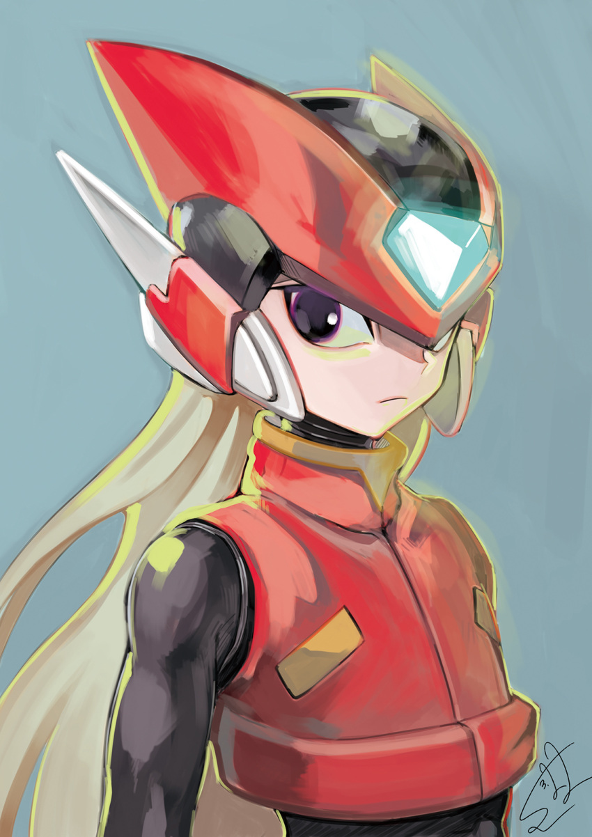 1boy android blonde_hair commentary_request cropped_jacket helmet highres light_frown long_hair looking_at_viewer male_focus mega_man_(series) mega_man_zero_(series) simple_background sumomo upper_body violet_eyes zero_(mega_man)