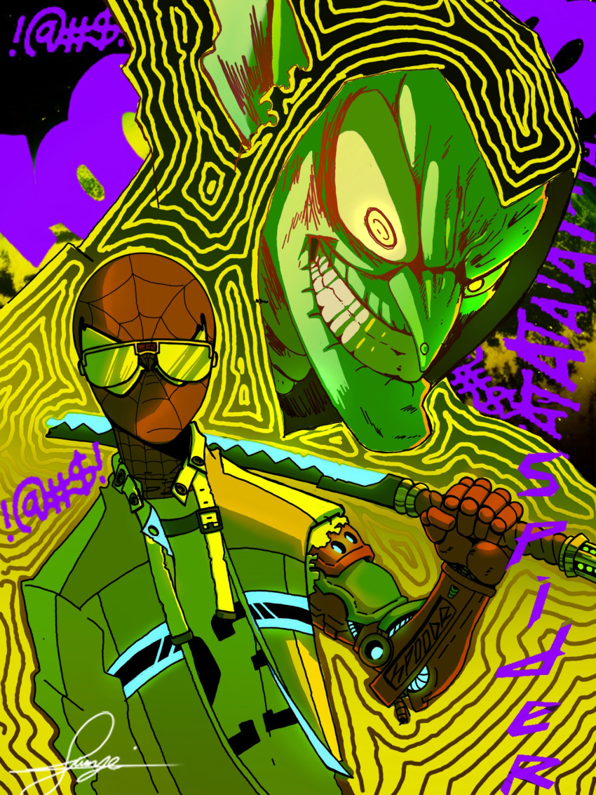 2boys bored_artist cyberpunk_(series) goblin highres male_focus marvel multiple_boys muscular muscular_male spider-man