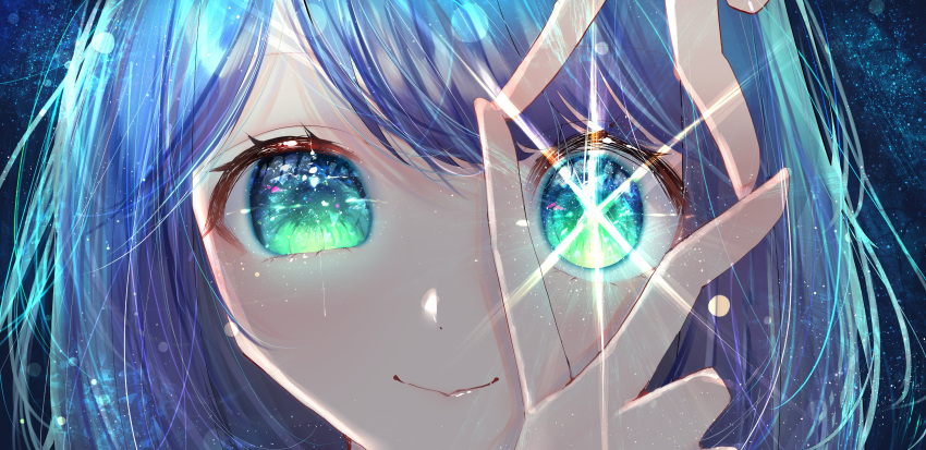 1girl absurdres blue_eyes blue_hair blush close-up closed_mouth commentary double_v eye_focus hair_between_eyes highres kurokawa_akane lens_flare looking_at_viewer mismatched_pupils no_pupils oshi_no_ko parted_bangs portrait smile solo star-shaped_pupils star_(symbol) symbol-shaped_pupils toomeirro v v_over_eye