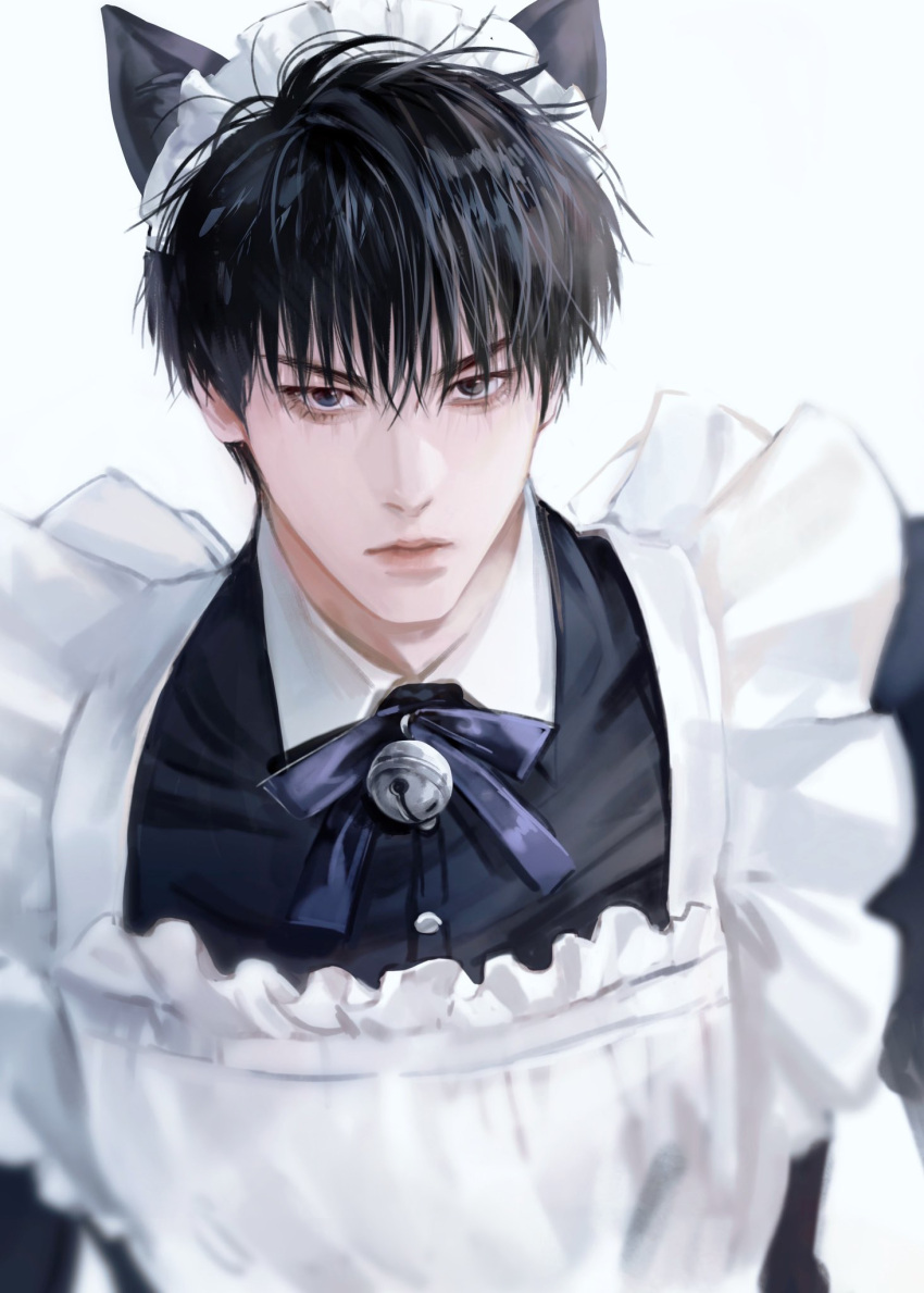 1boy animal_ears apron bell black_eyes black_hair blurry bow bowtie cat_boy cat_ears character_request closed_mouth depth_of_field dong2342 highres jingle_bell looking_at_viewer maid maid_apron maid_headdress male_focus slam_dunk_(series) solo upper_body white_background
