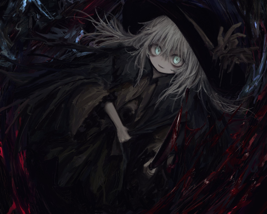 1girl abstract_background bags_under_eyes black_cape black_headwear blood blood_on_knife brown_cloak cape cloak full_body green_eyes grey_hair hat hat_ornament hat_ribbon highres holding holding_clothes holding_knife knife koishi_komeiji's_heart-throbbing_adventure komeiji_koishi long_hair long_sleeves looking_at_viewer open_mouth pale_skin reverinth ribbon smile solo touhou wide_sleeves