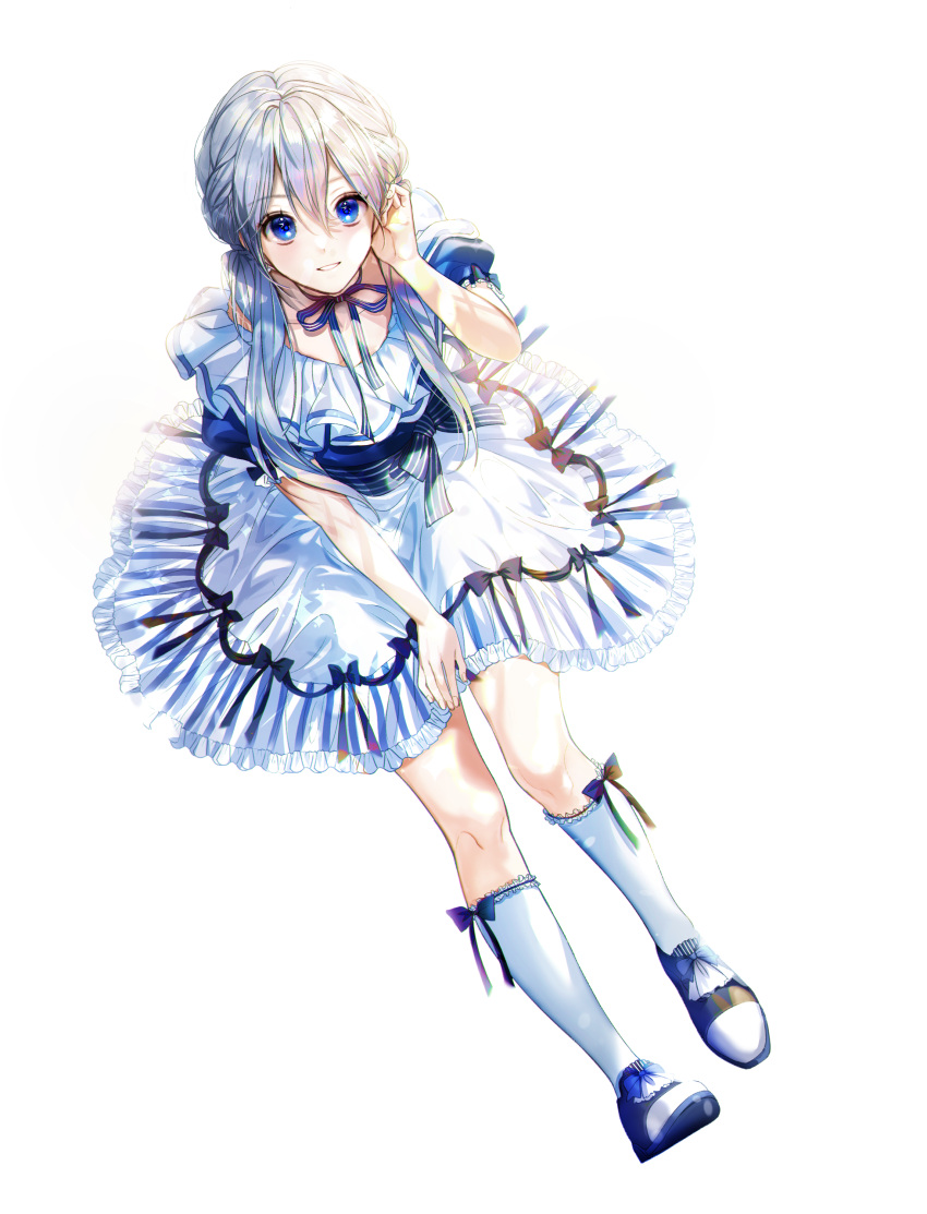 1girl absurdres blue_bow blue_eyes blue_footwear blue_ribbon blush bow collarbone dot_nose dutch_angle footwear_bow frilled_skirt frills full_body grey_hair hair_between_eyes hand_in_own_hair hand_on_own_leg highres kneehighs leaning_forward long_hair looking_at_viewer ma_yoyo neck_ribbon original parted_lips puffy_short_sleeves puffy_sleeves raised_eyebrows ribbon sash short_sleeves sidelocks simple_background skirt smile socks solo striped striped_bow striped_skirt teeth waist_bow white_background white_skirt white_socks