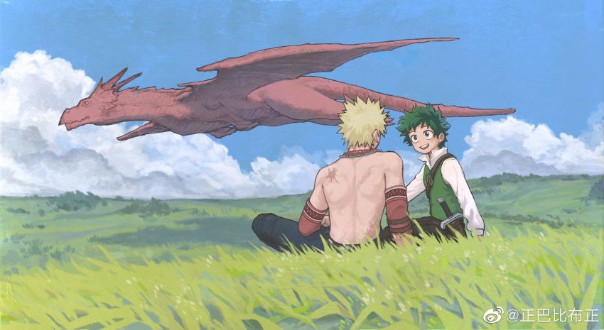 2boys :d alternate_universe arm_on_thigh bakugou_katsuki bead_necklace beads belt black_pants blonde_hair blue_sky blush bnahzub boku_no_hero_academia brown_belt chinese_commentary commentary_request day detached_sleeves dragon fantasy field flying freckles from_behind grass grasslands green_eyes green_hair green_vest happy highres jewelry long_sleeves looking_at_another looking_to_the_side male_focus midoriya_izuku multiple_boys multiple_necklaces necklace no_shirt official_alternate_costume on_grass on_ground open_collar open_mouth outdoors pants round_teeth scar scar_on_back shadow sheath sheathed shirt short_hair shoulder_belt sitting sky smile spiky_hair spoilers sword teeth tooth_earrings triangle_print turning_head upper_teeth_only vest weapon weibo_logo weibo_username western_dragon white_shirt wide_shot